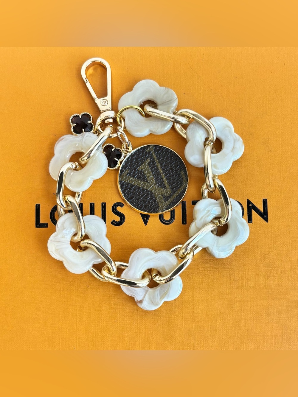Louis Vuitton Monogram Disc, Cream Flowered Bag Charm, Upcycled. 5 inches.